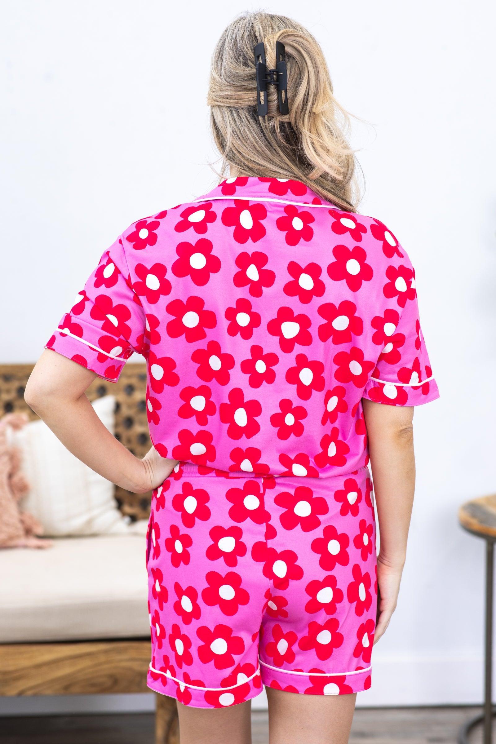 Pink Flower Print Shirt and Shorts PJ Set Product Image