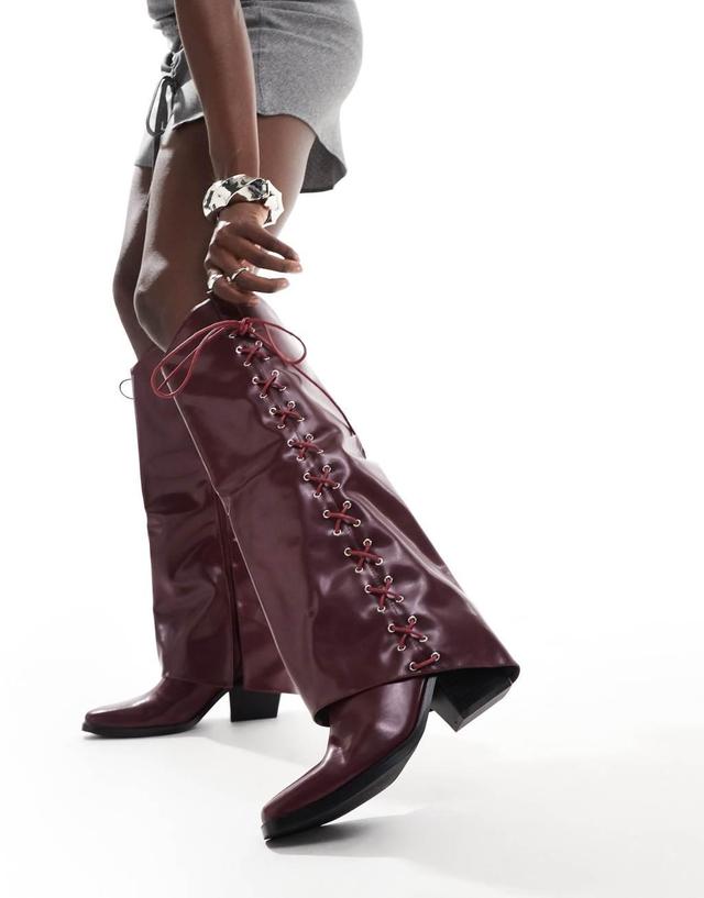 Glamorous foldover western heeled knee boots with lace up bow in burgundy Product Image