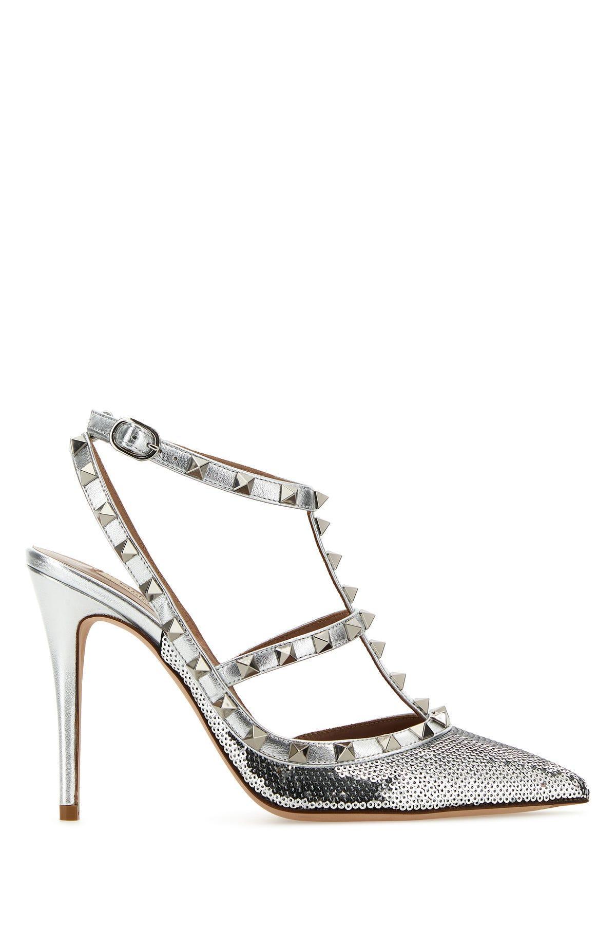 Woman Embellished Leather Rockstud Pumps In Silver Product Image