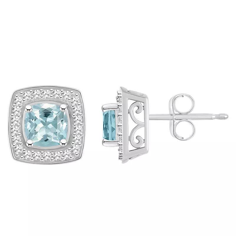 Macys Aquamarine (1 ct. t.w.) and Diamond (1/5 ct. t.w.) Halo Studs in Sterling Silver Product Image