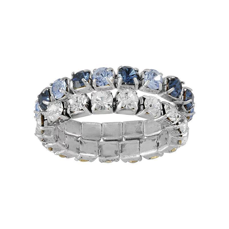 1928 Silver Tone Blue Crystal Ring & Silver Tone Clear Crystal Stretch Ring Set, Womens Product Image