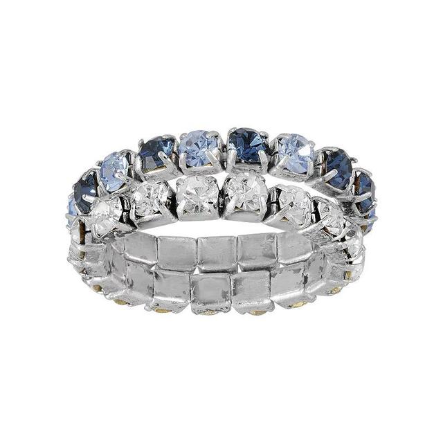 1928 Silver Tone Blue Crystal Ring & Silver Tone Clear Crystal Stretch Ring Set, Womens Product Image