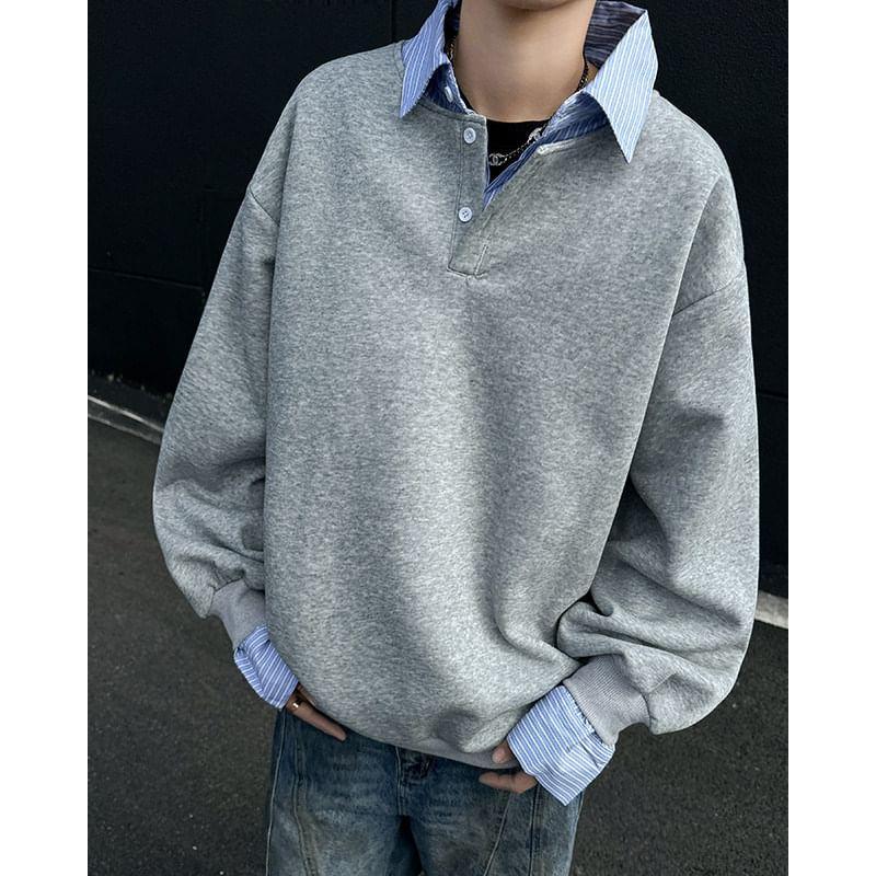 Collared Mock Two-Piece Striped Panel Sweatshirt Product Image