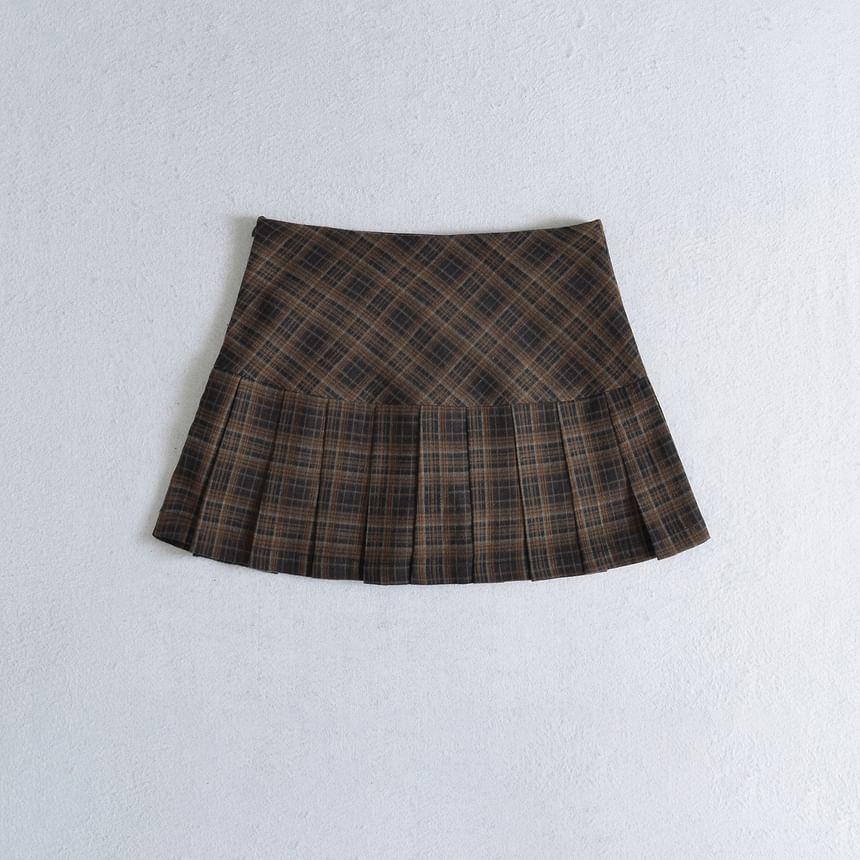 High Waist Plaid Mini Pleated A-Line Skirt Product Image