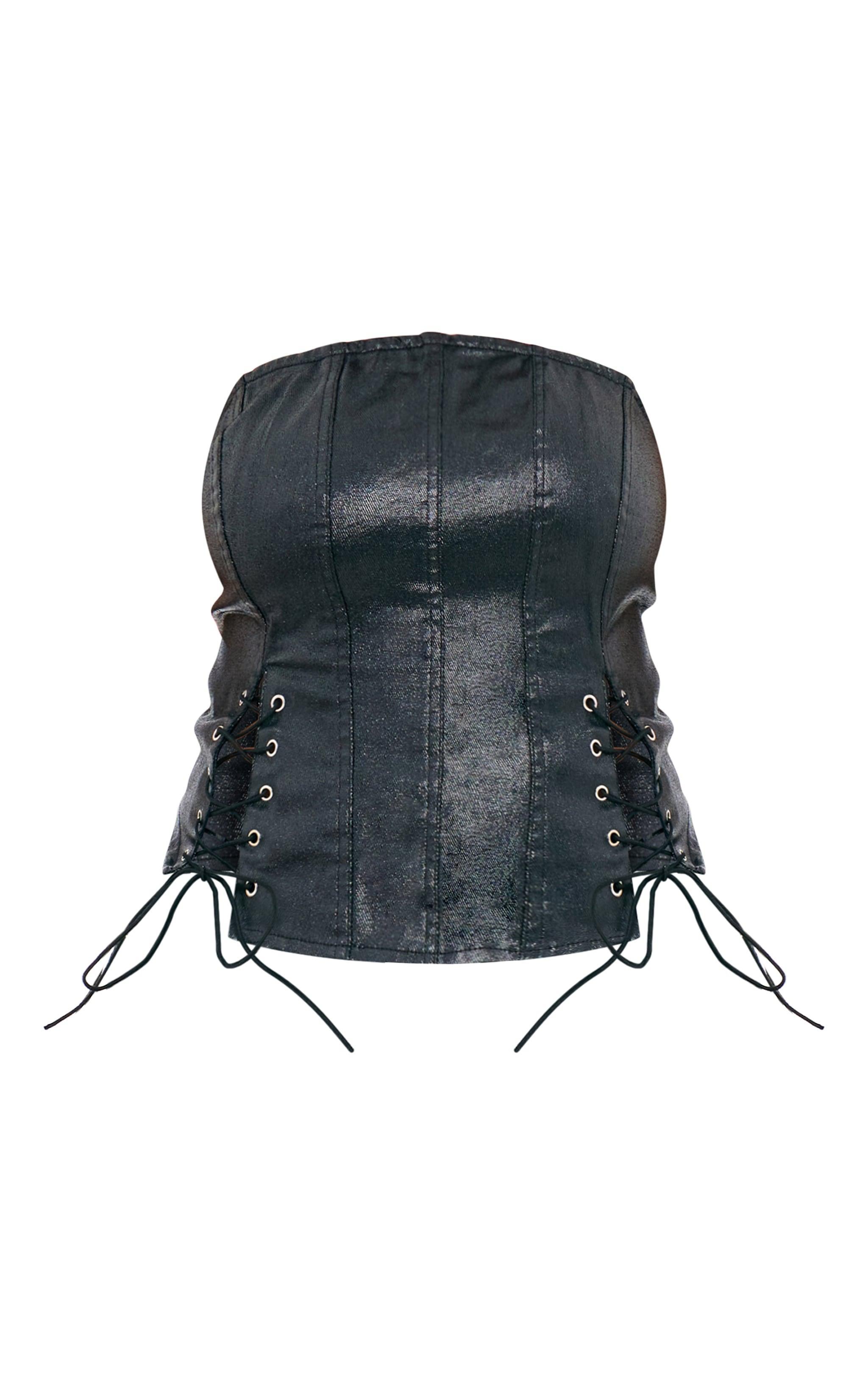 Plus Black Coated Denim Lace Up Front Bandeau Corset Product Image