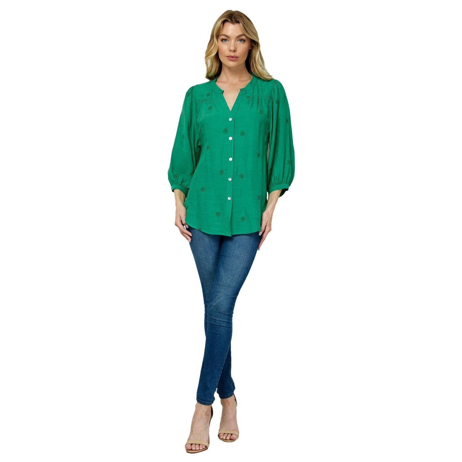 Long Sleeve Button Front Yoke Neck Top Product Image