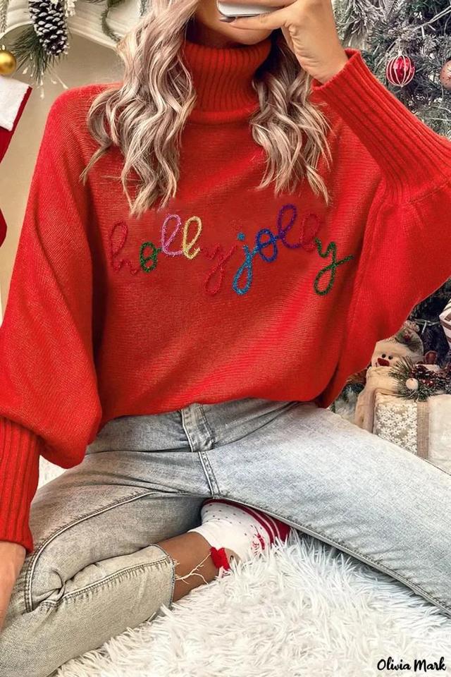 Olivia Mark – Vibrant Red Festive Christmas Holly Jolly Tinsel Graphic High Neck Sweater Product Image