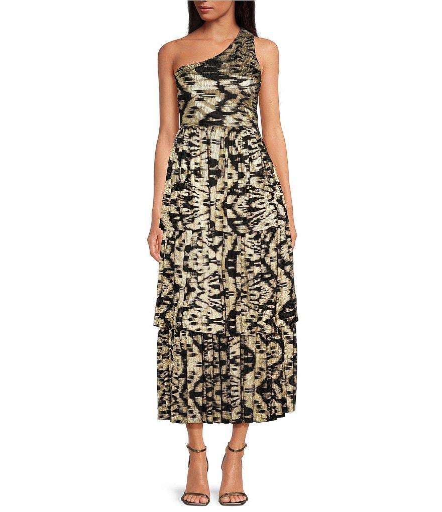 Layered with Love Florence Floral Jacquard Asymmetrical One Shoulder Sleeveless Ruffle Tiered Hem A-Line Maxi Dress Product Image