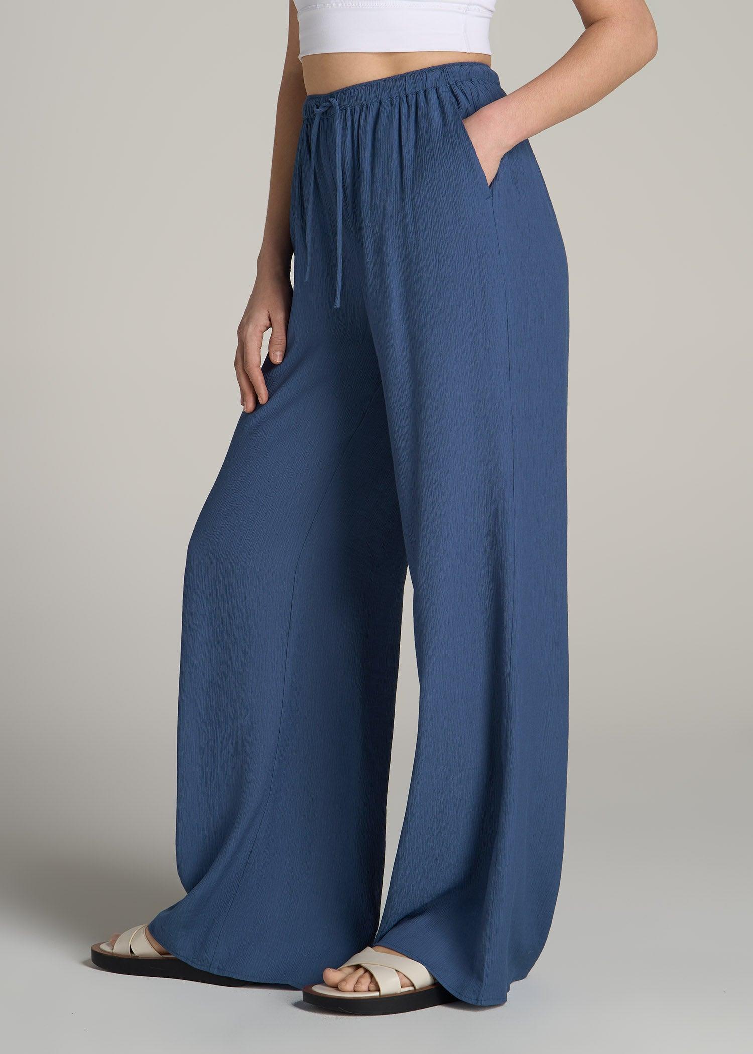 Crinkle Pull-on Wide-leg Pants for Tall Women in Steel Blue Product Image