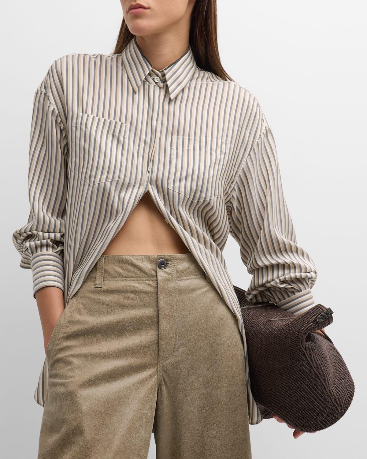 Monili-Trim Striped Silk Collared Blouse Product Image