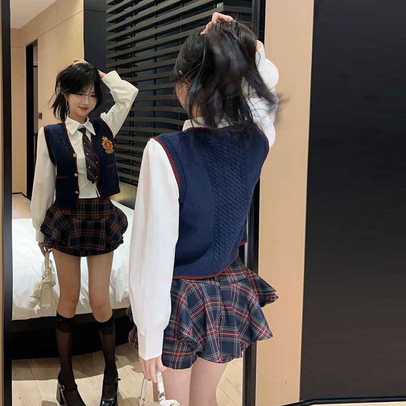 V-Neck Sweater Vest / Plaid Mini Skirt / Long-Sleeve Shirt / Tie / Set Product Image