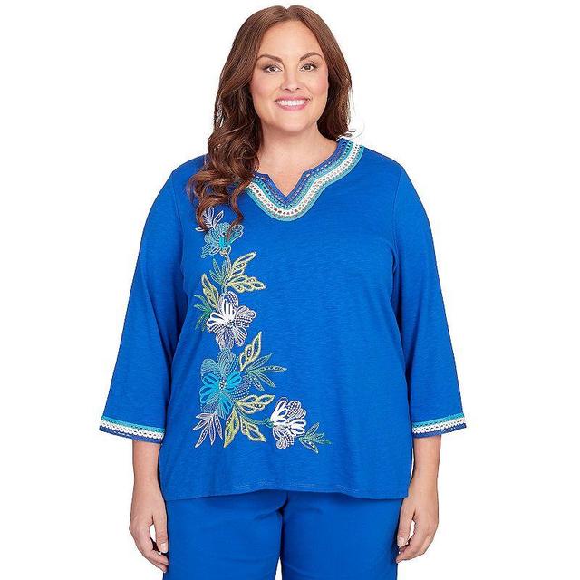 Plus Size Alfred Dunner Asymmetric Flower Crochet Trim Top, Womens Blue Blue Product Image