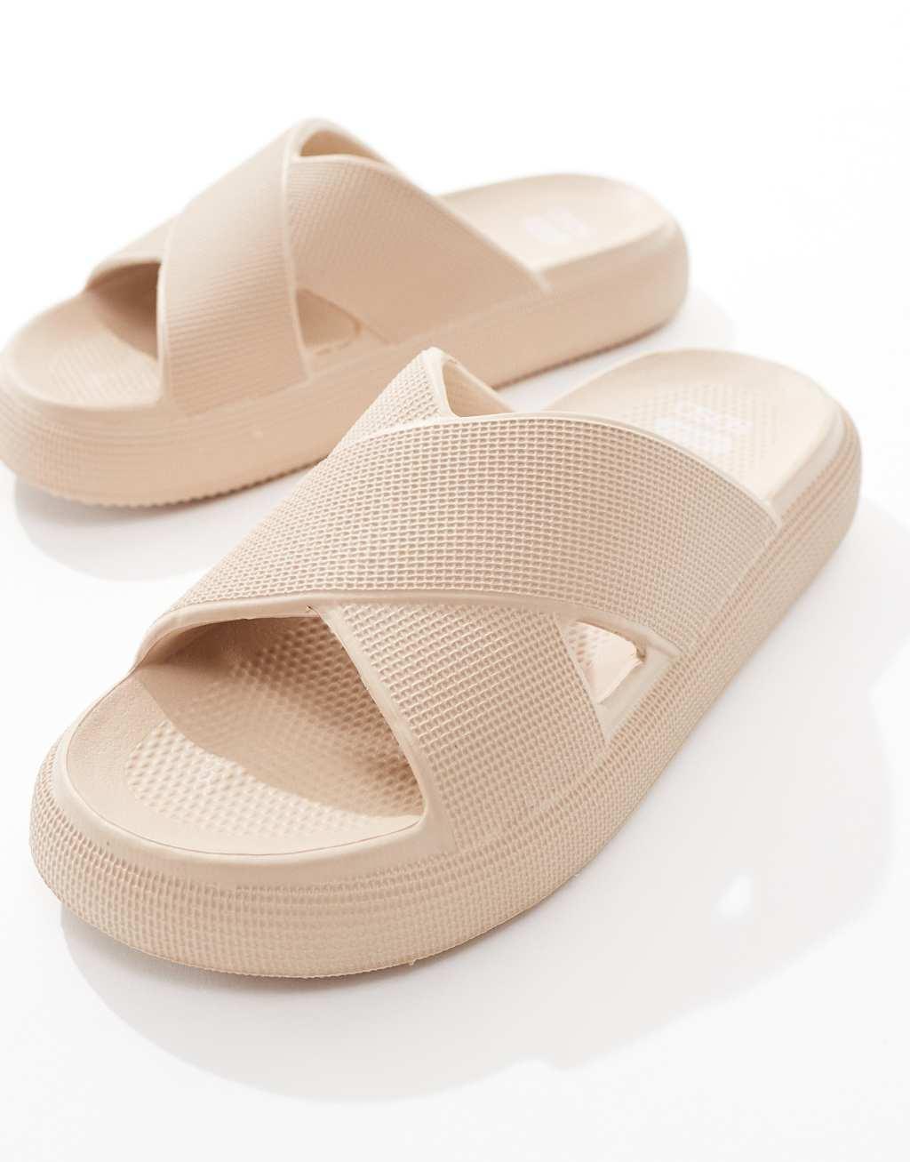 ASOS DESIGN Forever cross-strap chunky sliders in beige Product Image