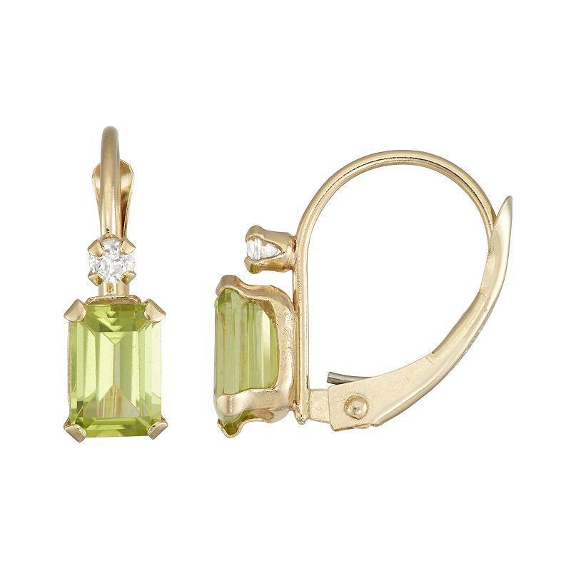 Designs by Gioelli 10k Gold Emerald-Cut Peridot & White Zircon Leverback Earrings, Womens, Green Product Image