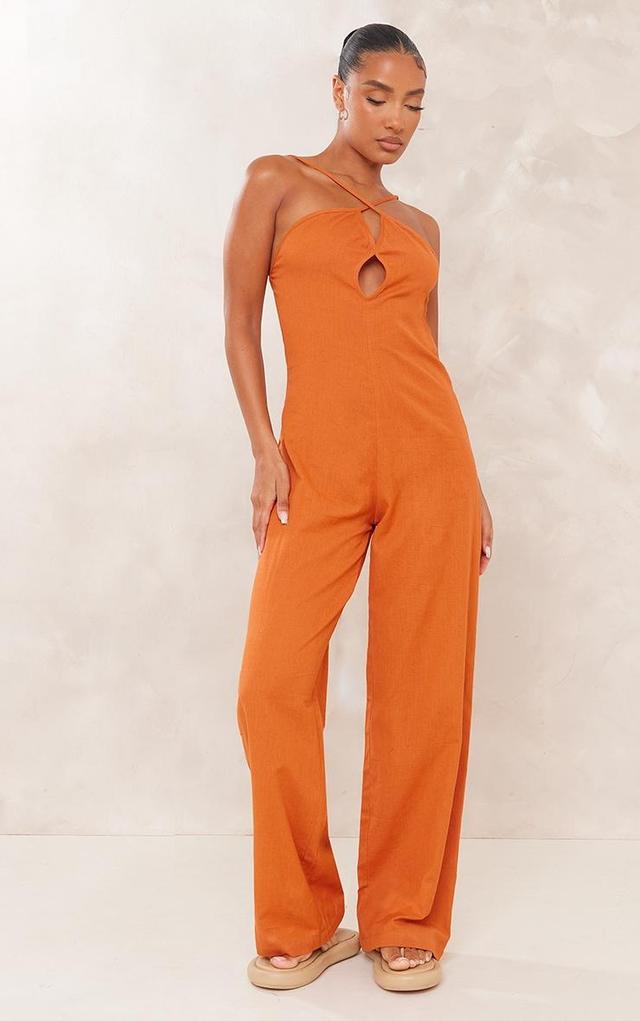 Rust Linen Look Oversized Cross Neck Wide Leg Jumpsuit Product Image