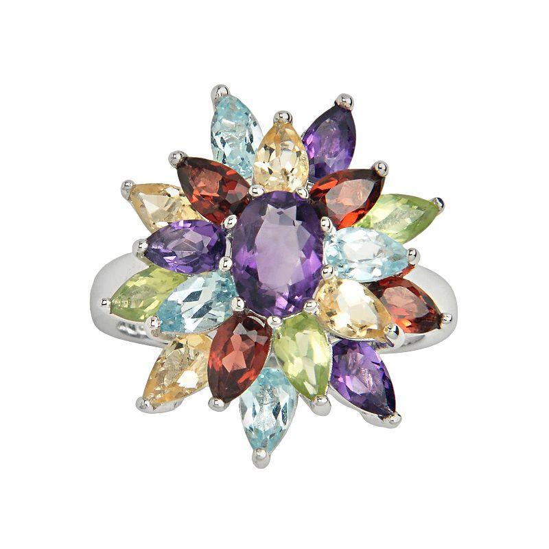 Sterling Silver Gemstone Floral Cluster Ring, Womens Multi Color Product Image