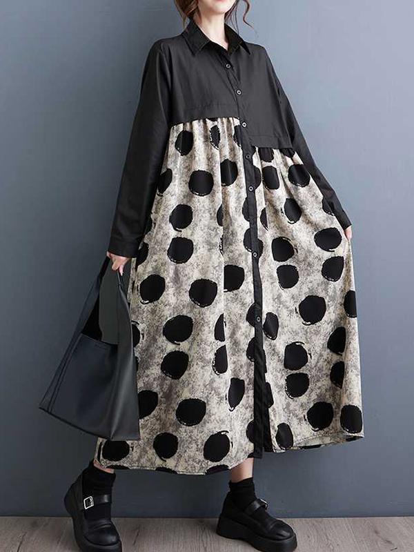 A-Line Long Sleeves Asymmetric Buttoned Polka-Dot Split-Joint Lapel Midi Dresses Shirt Dress Product Image