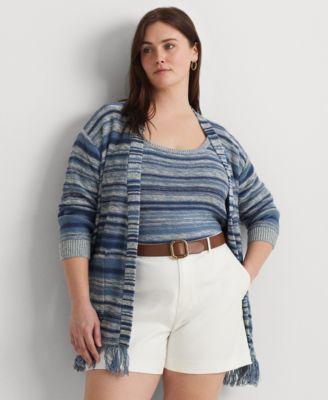 Plus Size Linen-Blend Belted Fringe-Trim Cardigan Product Image