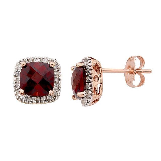 Garnet and 1/6 Carat T.W. Diamond 10K Gold Halo Button Stud Earrings, Womens, Red Product Image