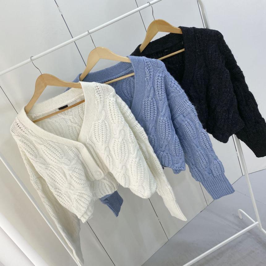 V-Neck Plain Cable Knit Button-Up Crop Cardigan Product Image