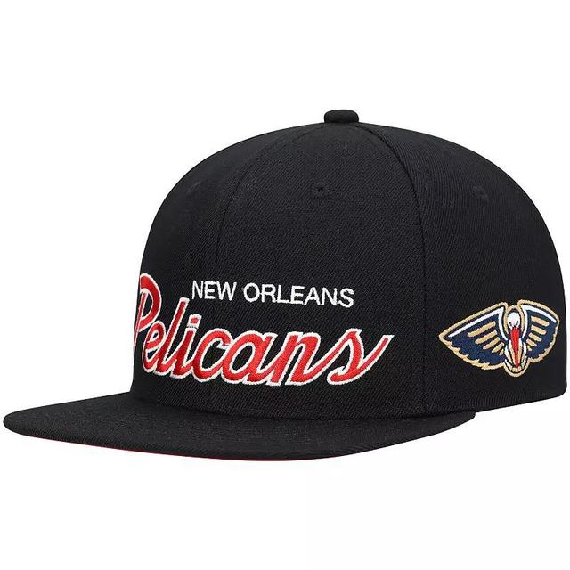 Mens Mitchell & Ness Black New Orleans Pelicans Hardwood Classics Script 2.0 Snapback Hat Product Image