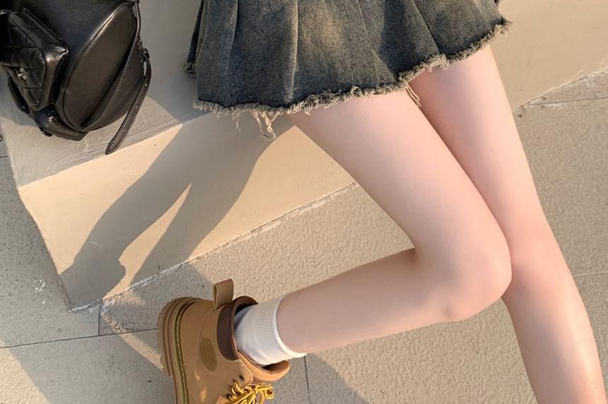 High Rise Washed Tassel Trim Pleated Mini A-Line Denim Skirt Product Image