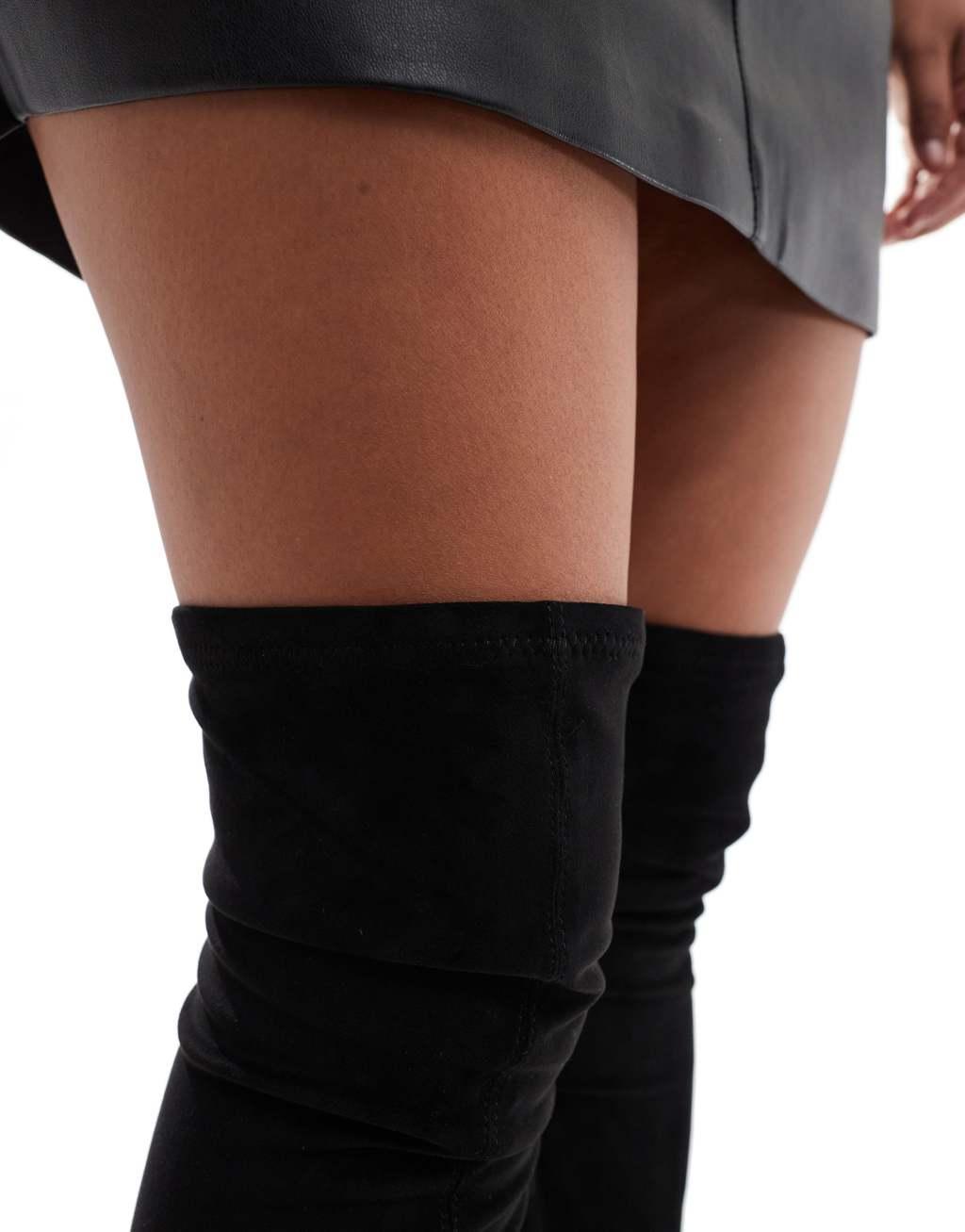 ASOS DESIGN Wide Fit Keely block-heeled over the knee boots in black micro Product Image