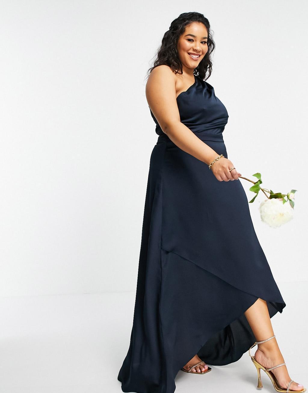 TFNC Plus Bridesmaid satin one shoulder long sleeve maxi dress in navy Product Image