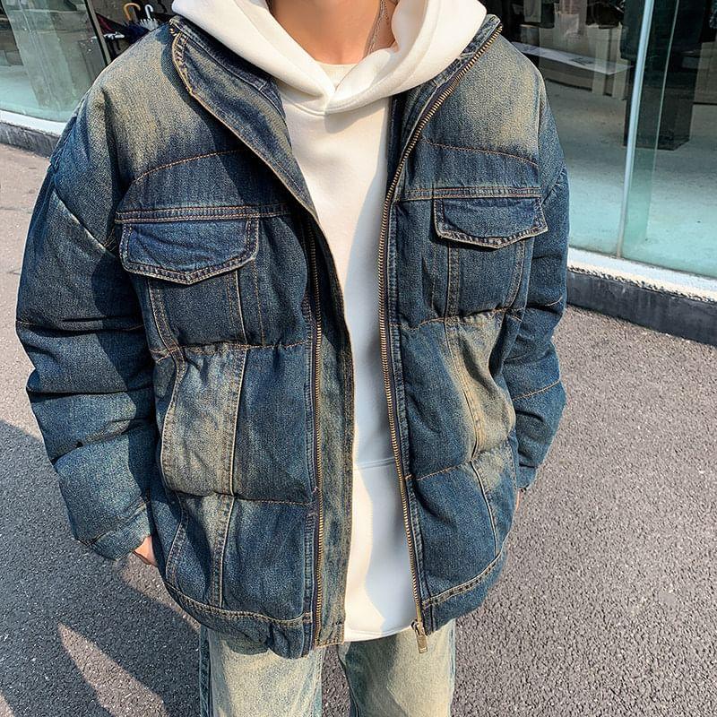 Stand Collar Washed Zip Denim Puffer Jacket Product Image