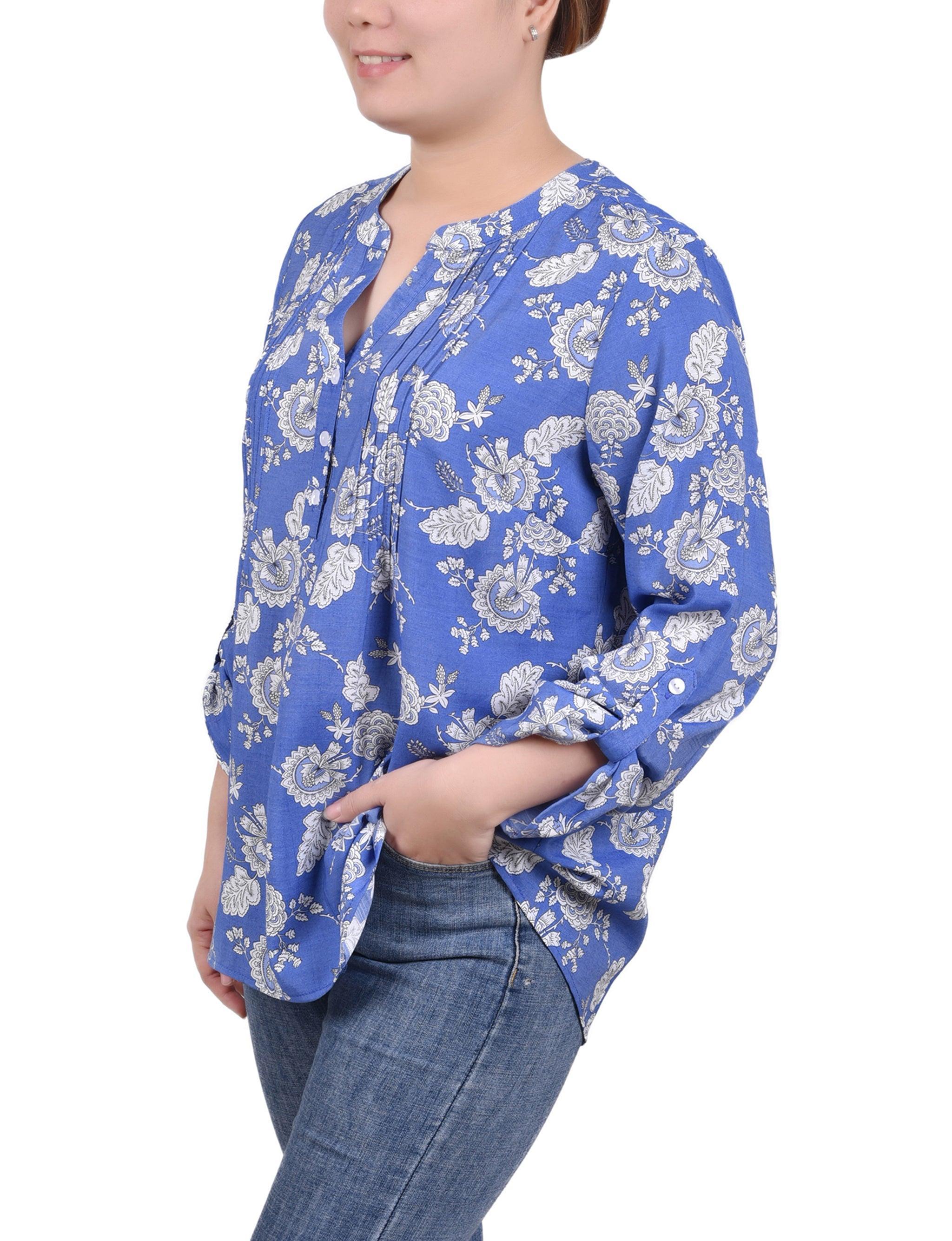 Long Roll Tab Sleeve Pintuck Front Blouse - Petite Product Image