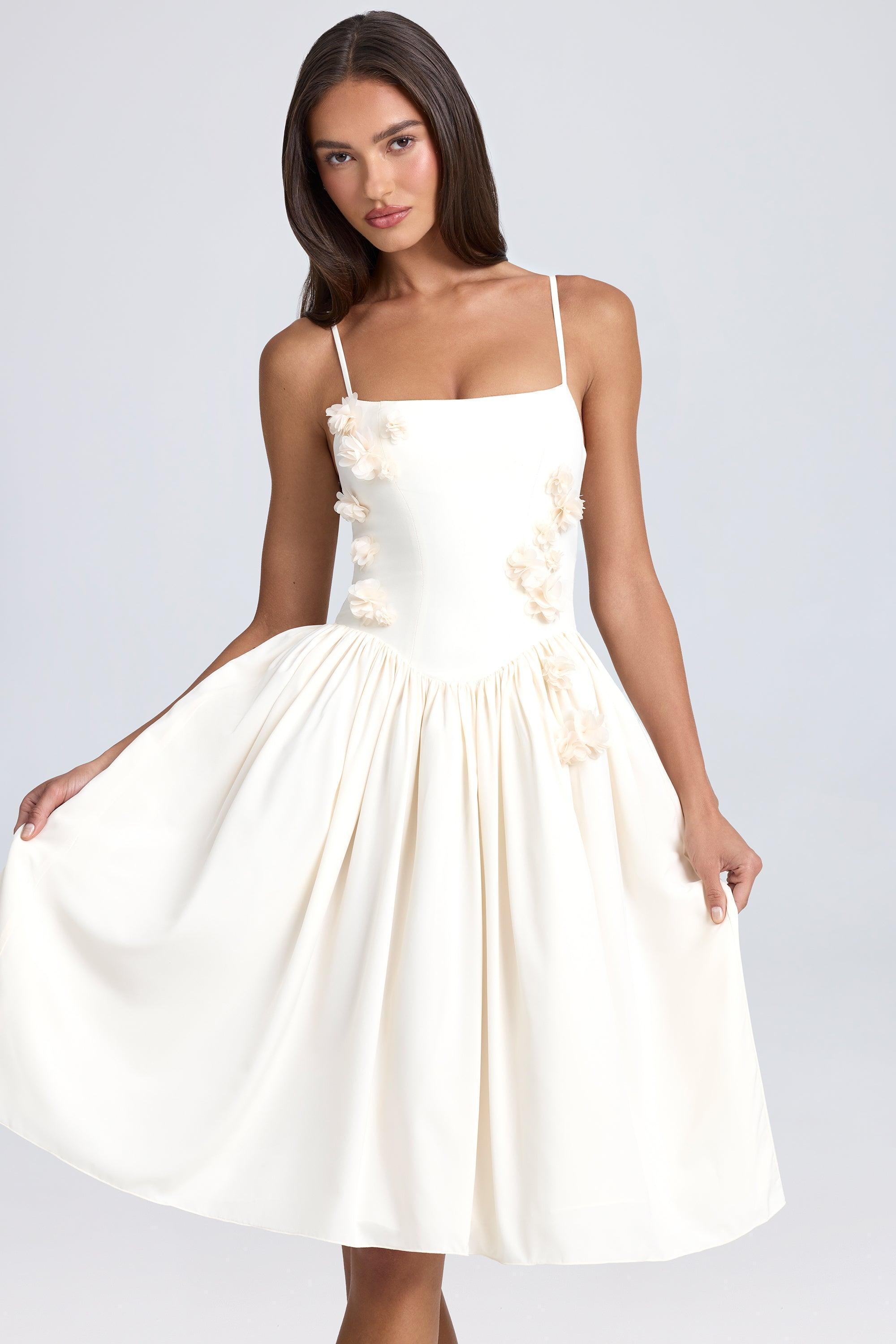 Floral-Appliqué Midi Dress in Ivory Product Image