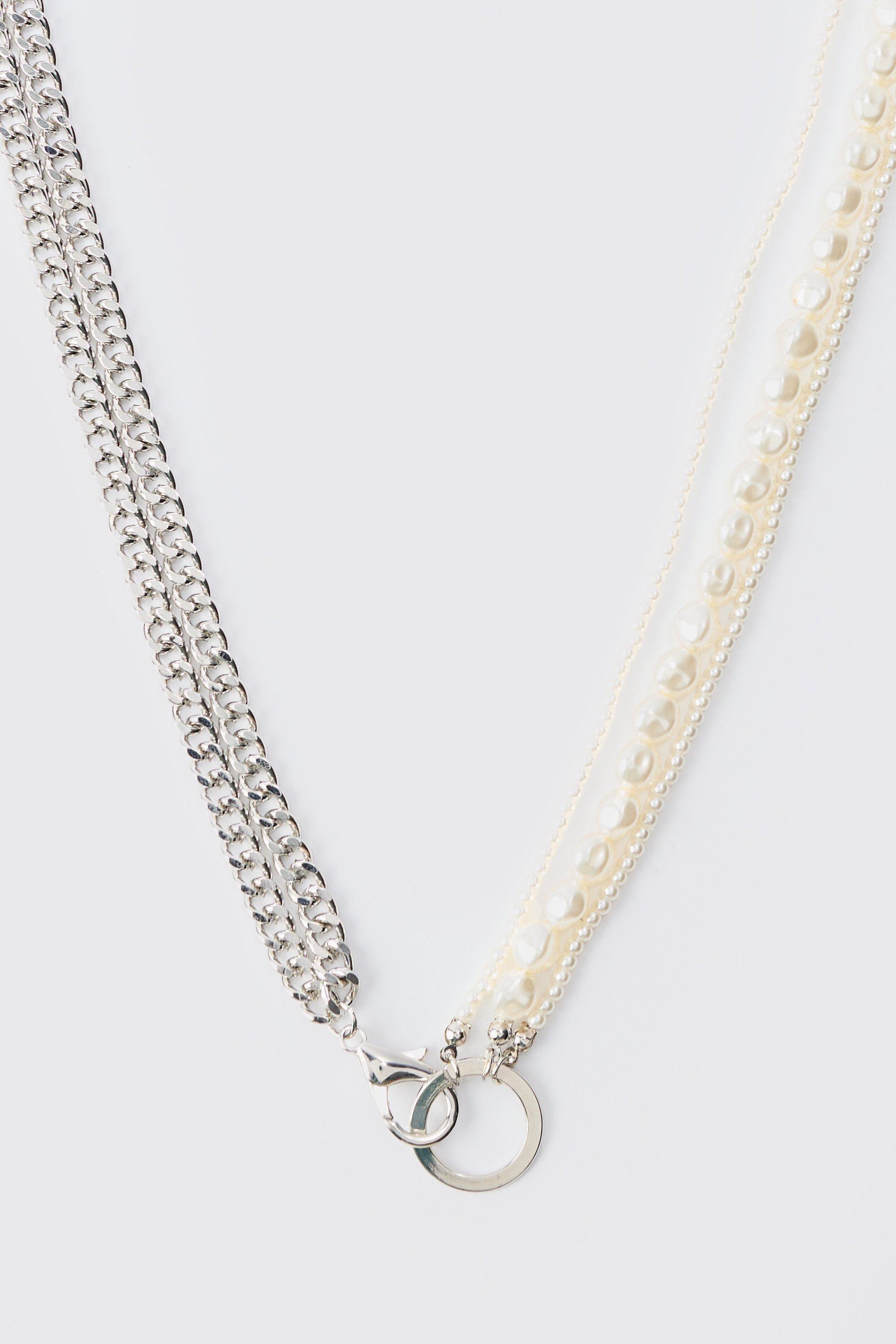 Half Pearl Half Chain Necklace | boohooMAN USA Product Image