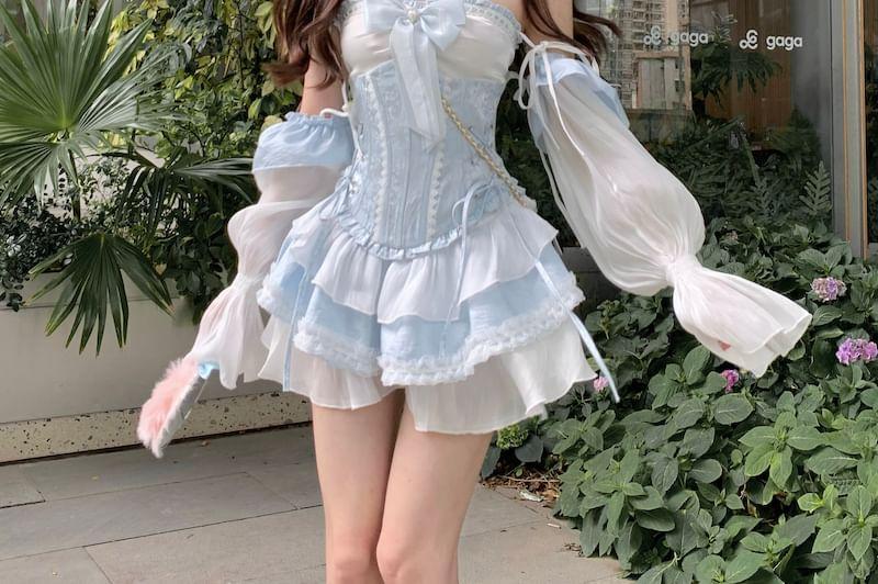 Puff-Sleeve Off-Shoulder Two Tone Lace Trim Mini A-Line Dress / Patterned Lace-Up Corset Belt Product Image