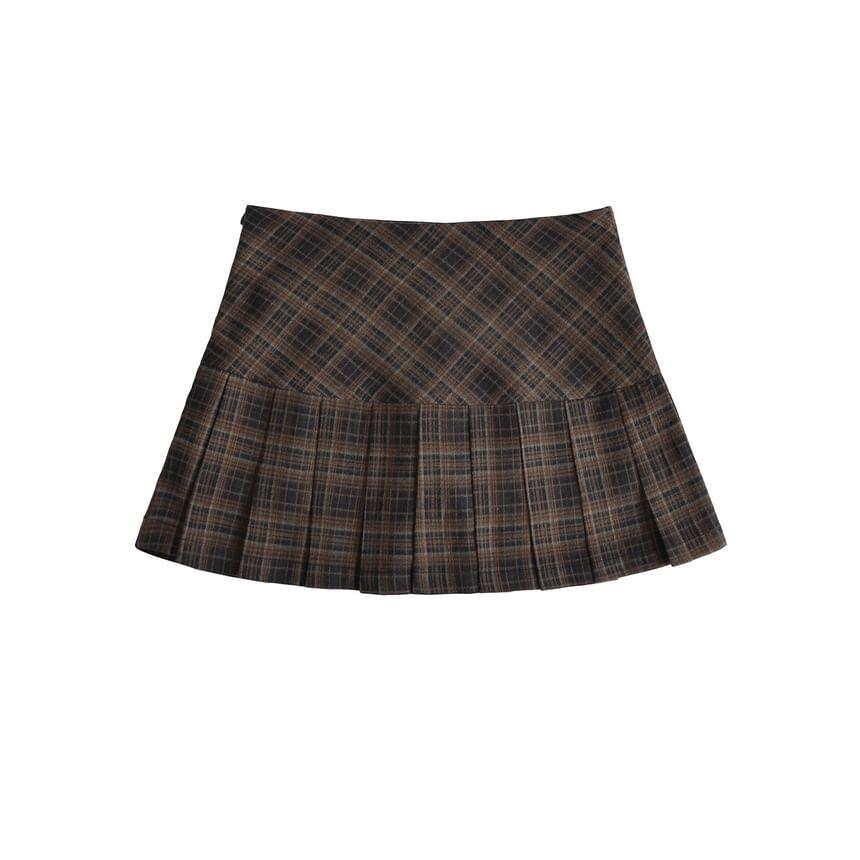 High Waist Plaid Mini Pleated A-Line Skirt Product Image