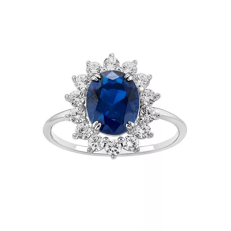 PRIMROSE Sterling Silver Simulated Sapphire Oval Center Stone With Cubic Zirconia Flower Polished Band Ring, Womens Sterling Silver Blue Product Image