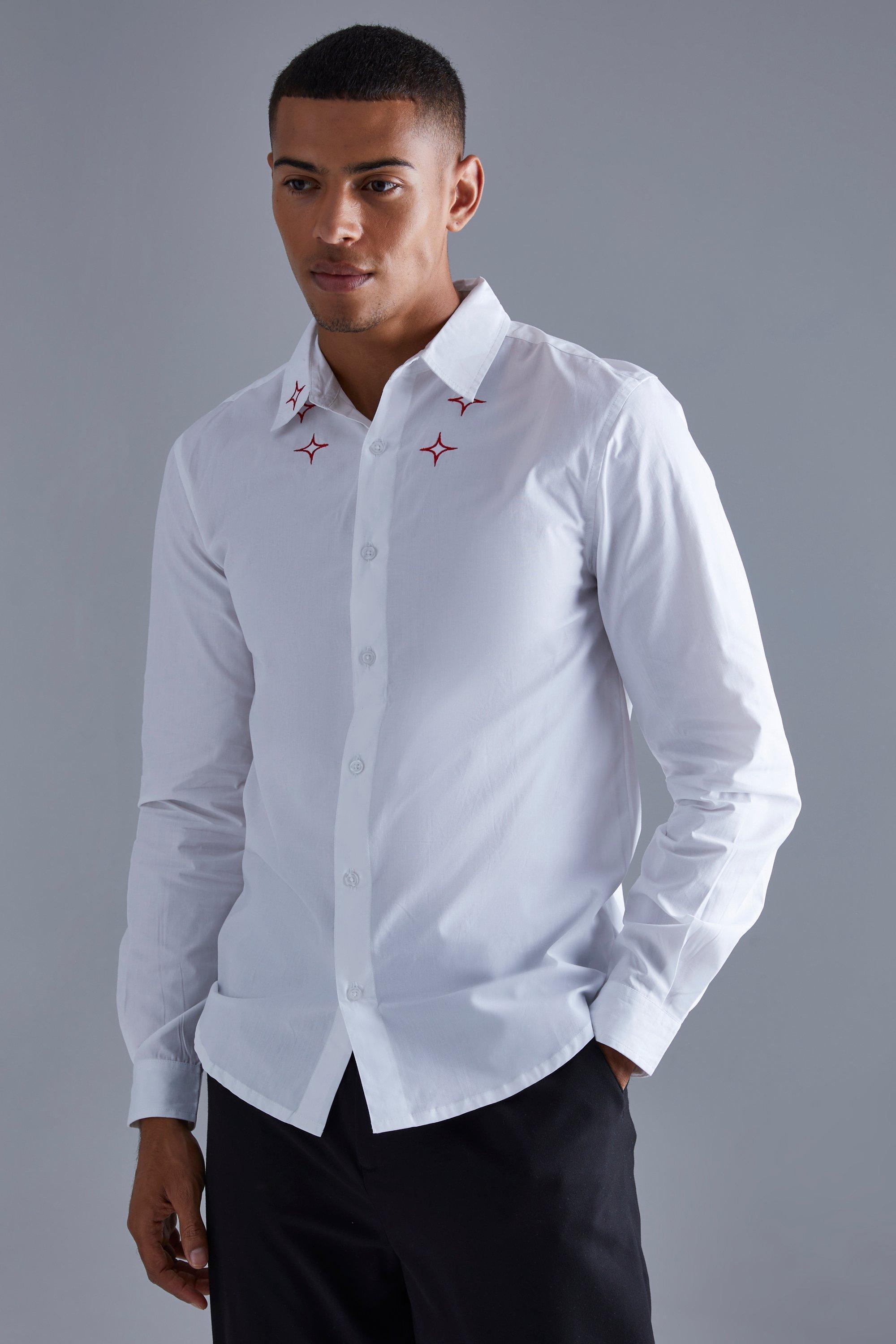 Long Sleeve Poplin Multi Embroidered Collar Shirt | boohooMAN USA Product Image