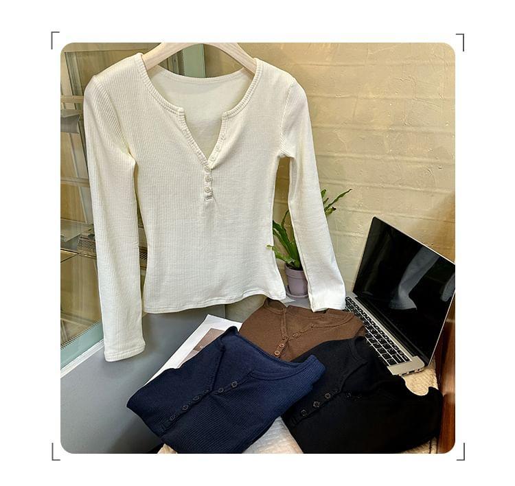 Long-Sleeve Henley Plain Ribbed Slim Fit Tee Product Image