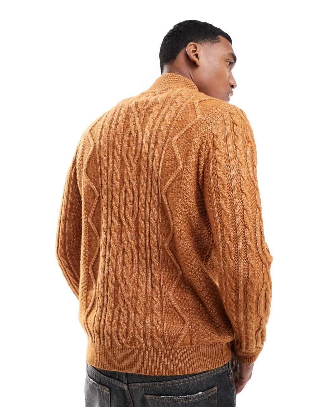 ASOS DESIGN heavyweight cable knit quarter zip sweater in tan Product Image