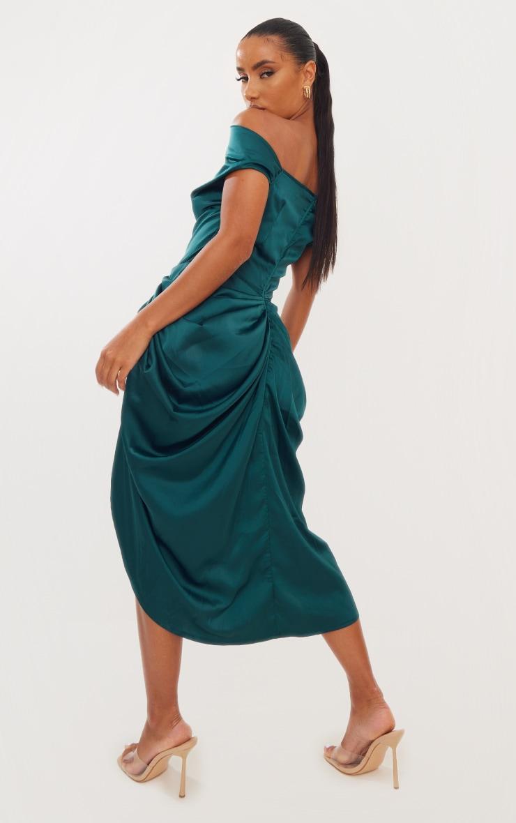 Emerald Green Satin Off The Shoulder Draped Skirt Midi Dress Product Image