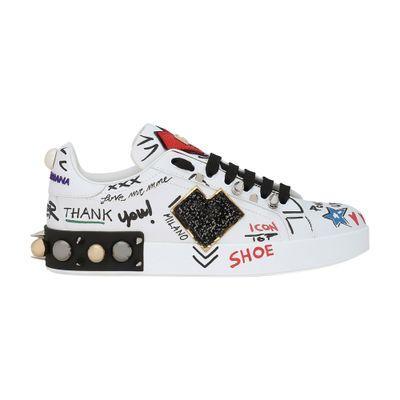 DOLCE & GABBANA Printed Calfskin Portofino Sneakers With Patch In Scritte_fdo_bianco Product Image