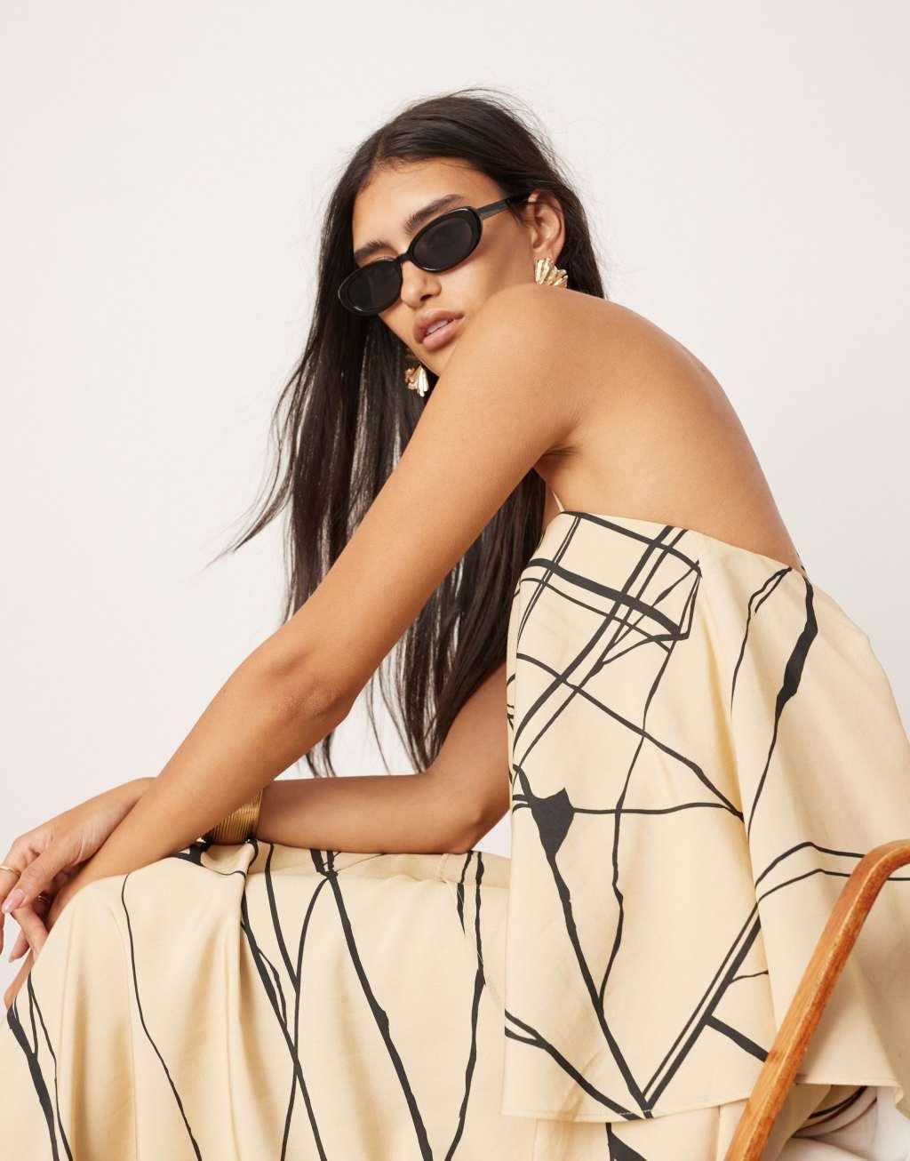 ASOS EDITION strappy square neck maxi dress with pockets and dramatic drape detail in mono abstract print Product Image