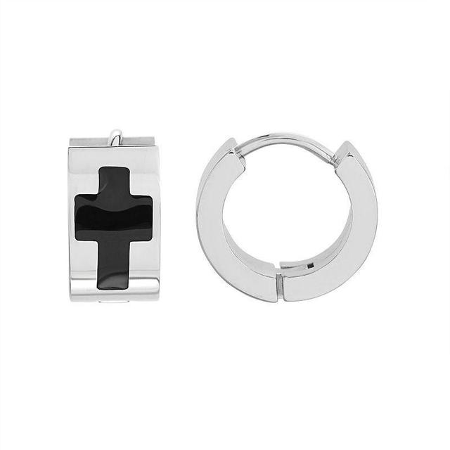 1913 Two Tone Stainless Steel Cross Huggie Hoop Earrings, Mens, Multicolor Product Image