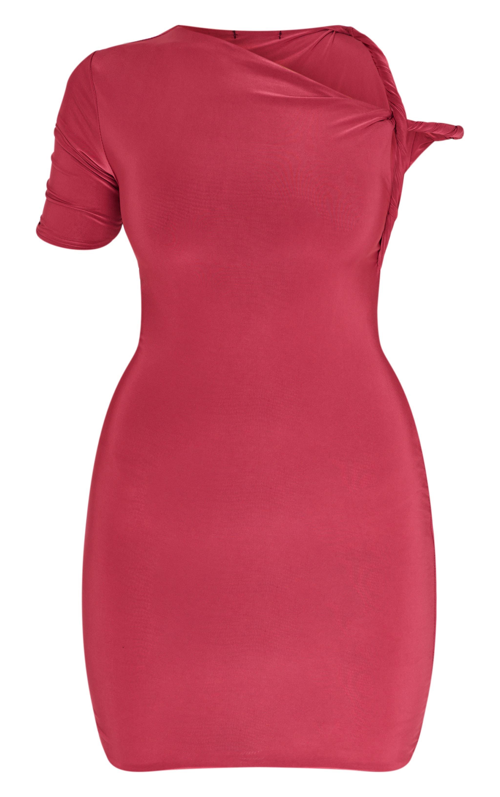 Burgundy Slinky Twist Shoulder Bodycon Dress Product Image