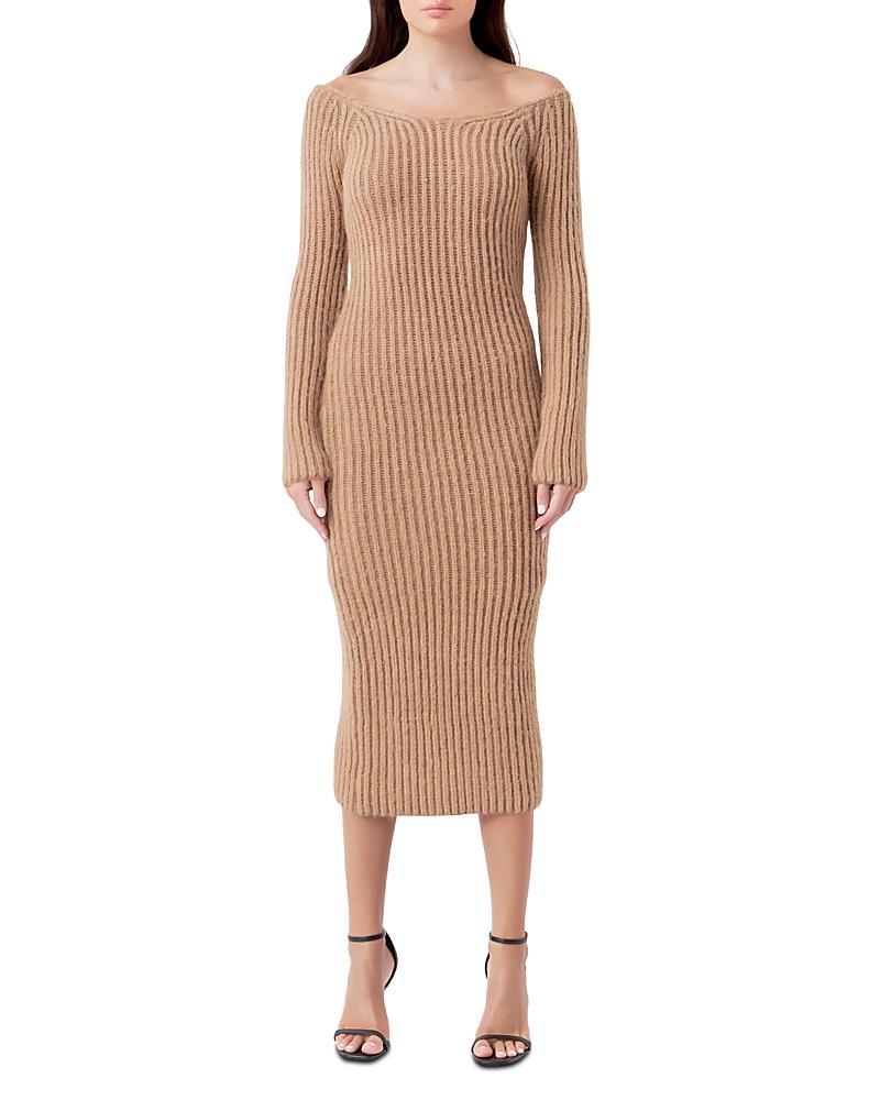 Endless Rose Long Sleeve Off the Shoulder Rib Midi Sweater Dress Product Image