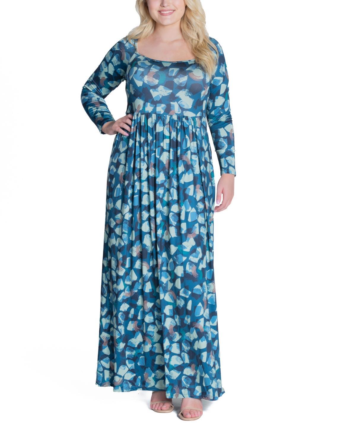 Plus Size 24Seven Comfort Apparel Blue Abstract Long Sleeve Pleated Maxi Dress, Womens Green Team Product Image