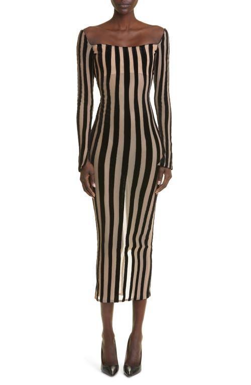 LaQuan Smith Stripe Semisheer Long Sleeve Midi Dress Product Image