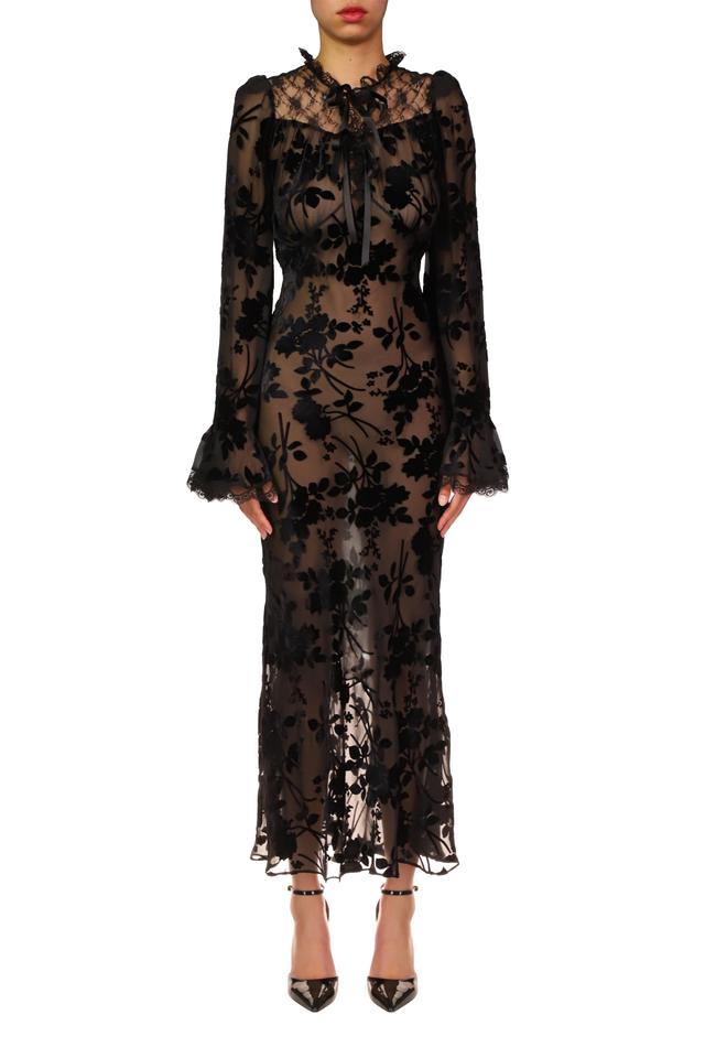 Black Burnout Velvet Bias Dress With Bell Sleeves Product Image