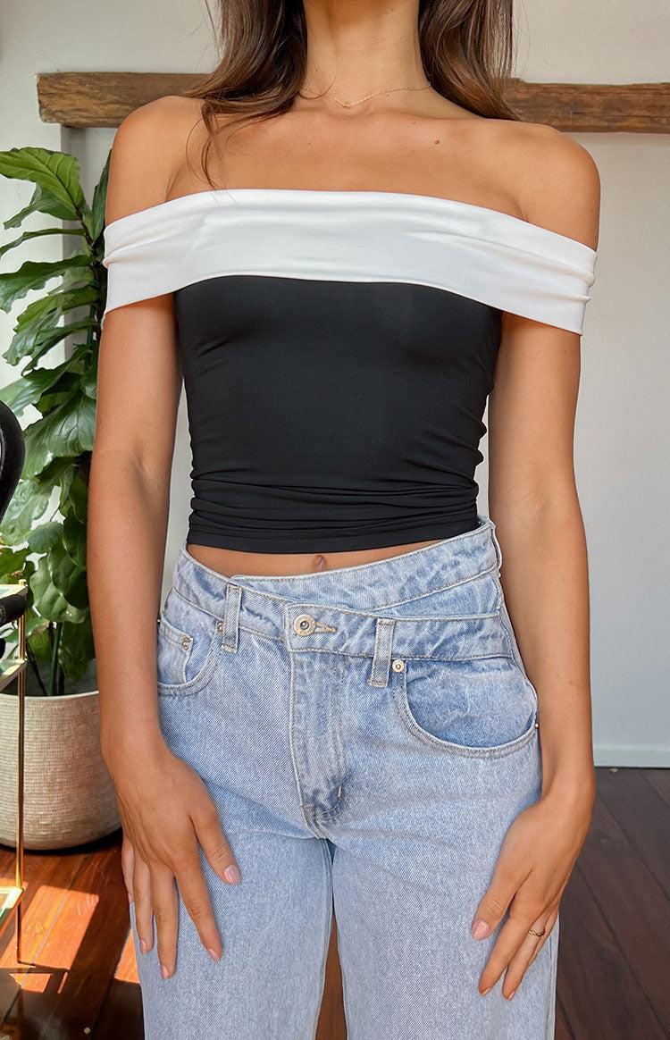 Paige Off Shoulder Black And White Contrast Top Product Image