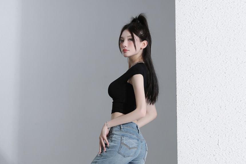 Mid Waist Washed Bootcut Jeans Product Image