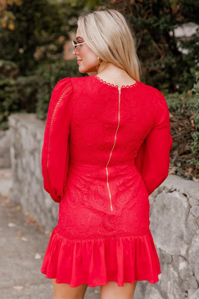 Never Going Away Red Long Sleeve Paisley Laced Mini Dress FINAL SALE Product Image